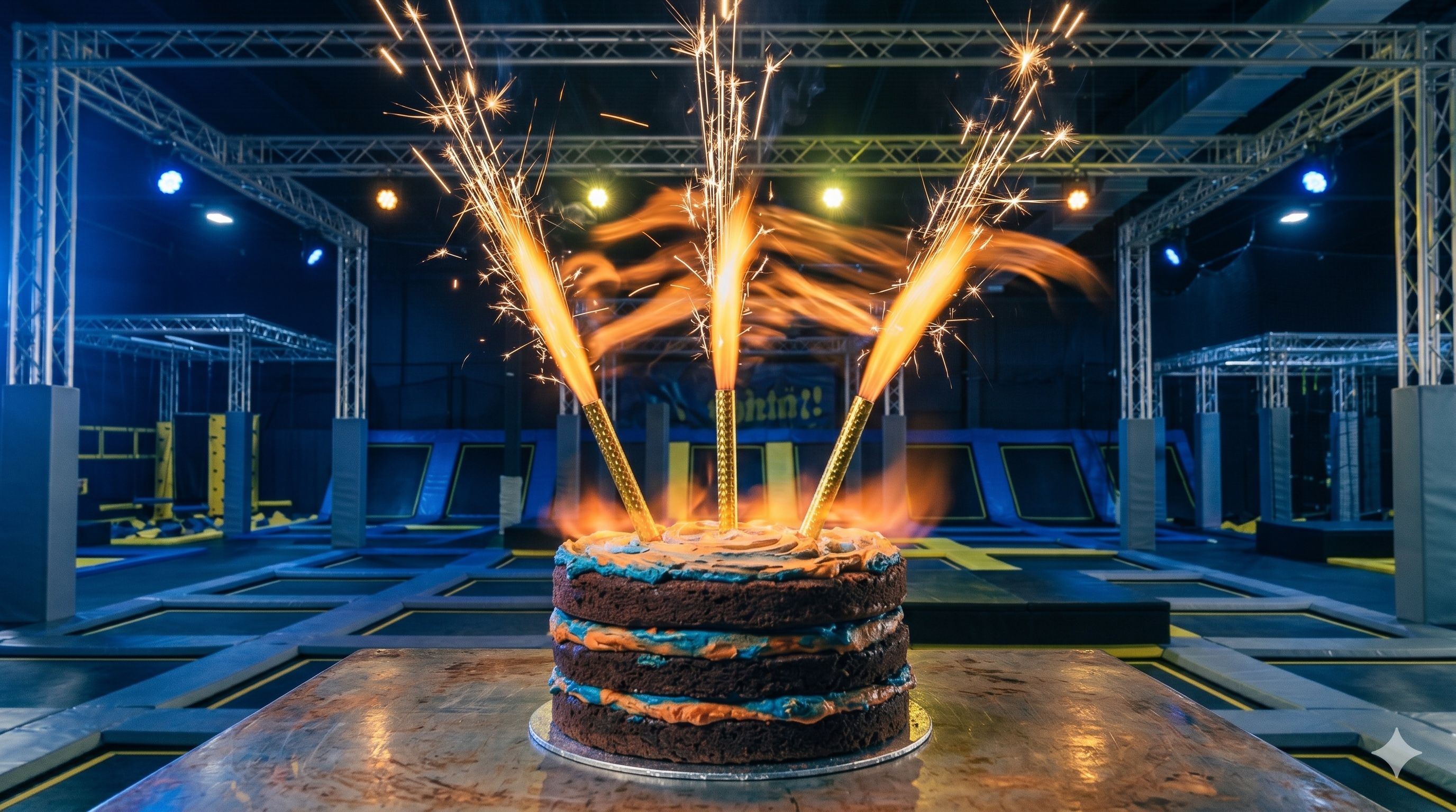 Hands cutting a birthday cake with lit candles
